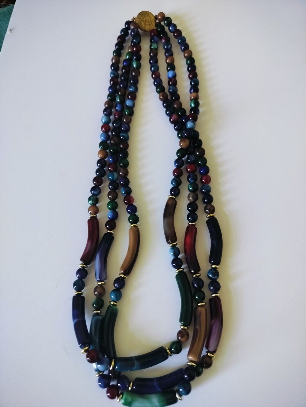 Vintage 3-Strand Multi-Color Banded Agate Bead Necklace with Filigree Clasp